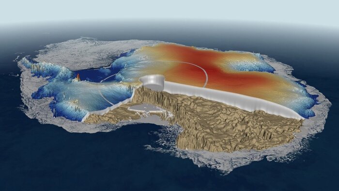 На компьютерной модели показан примерный подледный рельеф Антарктиды, толщина ледового щита паковые льды. Взято из Яндекс-картинок