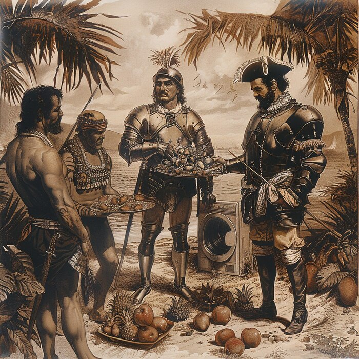 1492 год. Карибское море. Колумб обменивает европейскую технику на драгоценности и фрукты индейцев