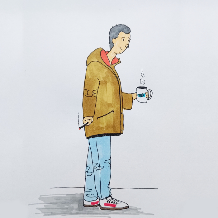 Коллега Олег Х. («хэ», а не «икс») курит и пьёт кофеёк возле офиса