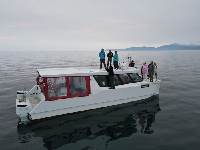 Недалеко от лагеря пришлось остановиться и заглушить моторы, чтобы не испугать проходящего мимо гренландского кита. Такие правила