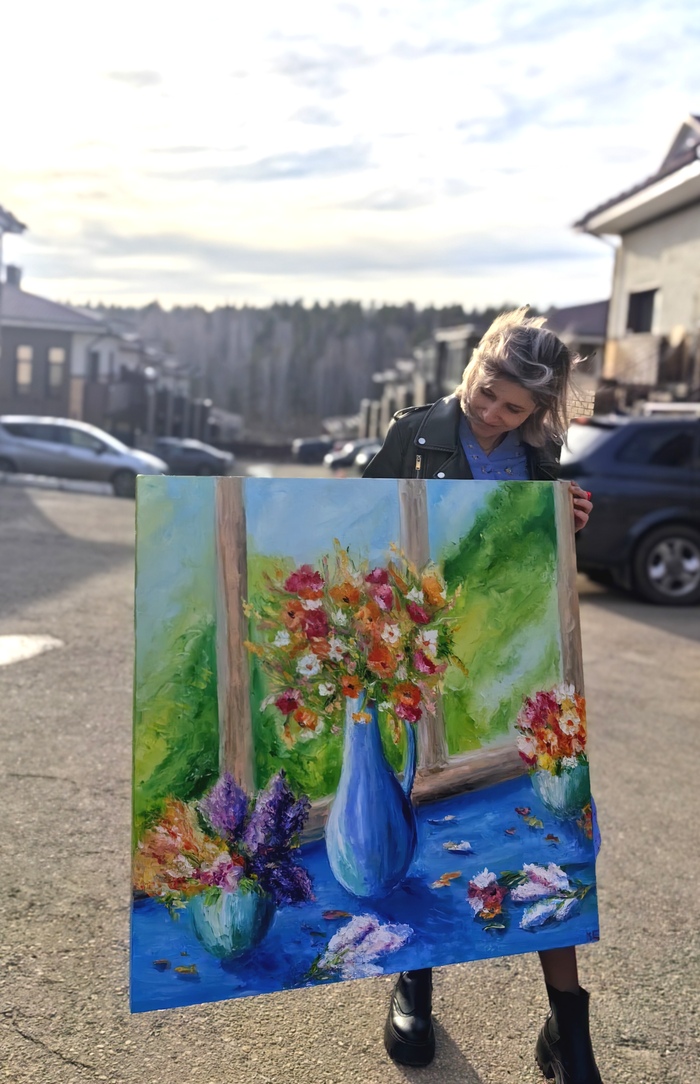 Масло масляное. Весна Девушки, Масло, Картина, Букет, Цветы, Весна, Длиннопост