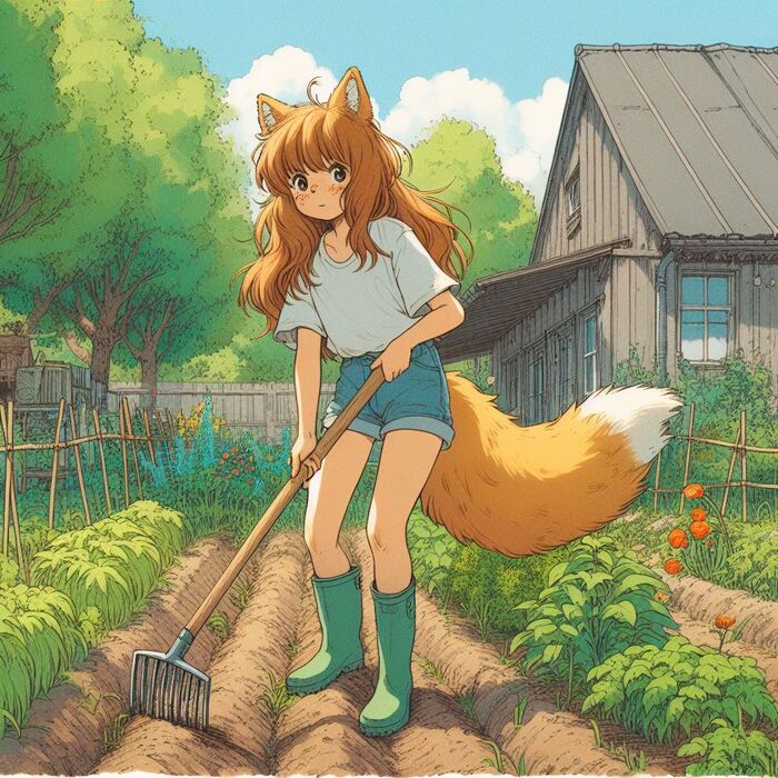 Первый урожай лета Арты нейросетей, Нейронные сети, Арт, Девушки, Anime Art, Аниме, Original Character, Кицунэ, Animal Ears, Хвост, Рыжие, Огород, Редиска, Салат, Лето, Ginger & White, Длиннопост