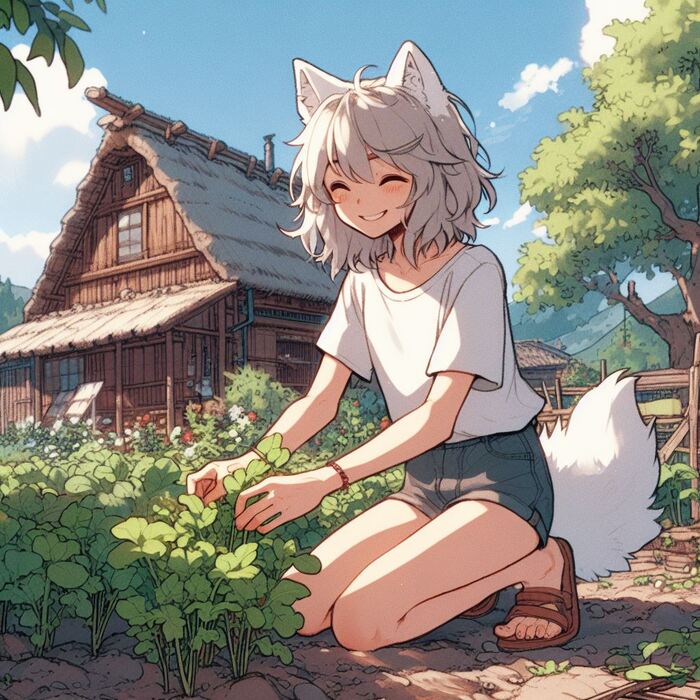 Первый урожай лета Арты нейросетей, Нейронные сети, Арт, Девушки, Anime Art, Аниме, Original Character, Кицунэ, Animal Ears, Хвост, Рыжие, Огород, Редиска, Салат, Лето, Ginger & White, Длиннопост