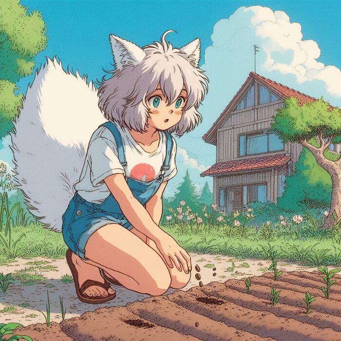 Первый урожай лета Арты нейросетей, Нейронные сети, Арт, Девушки, Anime Art, Аниме, Original Character, Кицунэ, Animal Ears, Хвост, Рыжие, Огород, Редиска, Салат, Лето, Ginger & White, Длиннопост