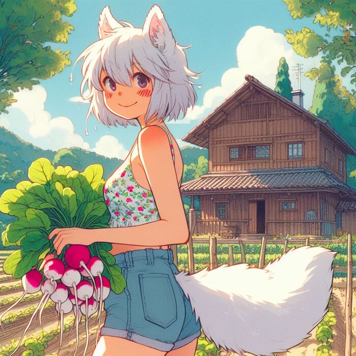 Первый урожай лета Арты нейросетей, Нейронные сети, Арт, Девушки, Anime Art, Аниме, Original Character, Кицунэ, Animal Ears, Хвост, Рыжие, Огород, Редиска, Салат, Лето, Ginger & White, Длиннопост
