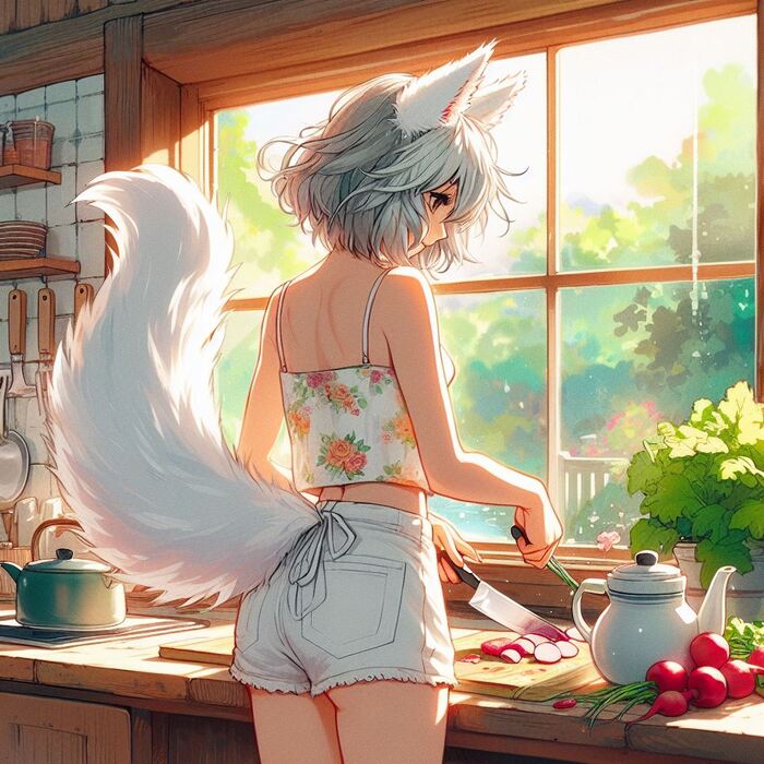 Первый урожай лета Арты нейросетей, Нейронные сети, Арт, Девушки, Anime Art, Аниме, Original Character, Кицунэ, Animal Ears, Хвост, Рыжие, Огород, Редиска, Салат, Лето, Ginger & White, Длиннопост