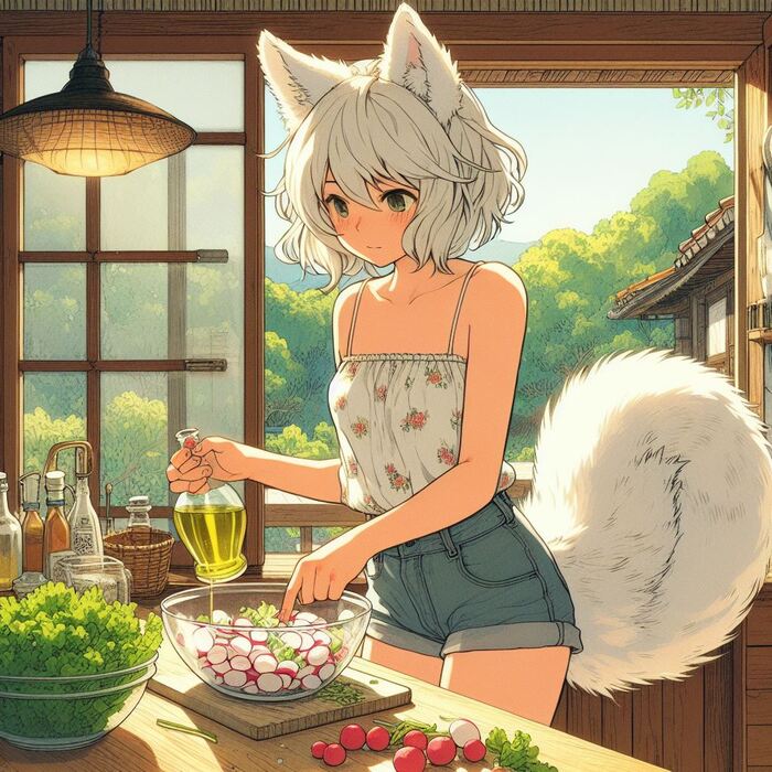 Первый урожай лета Арты нейросетей, Нейронные сети, Арт, Девушки, Anime Art, Аниме, Original Character, Кицунэ, Animal Ears, Хвост, Рыжие, Огород, Редиска, Салат, Лето, Ginger & White, Длиннопост