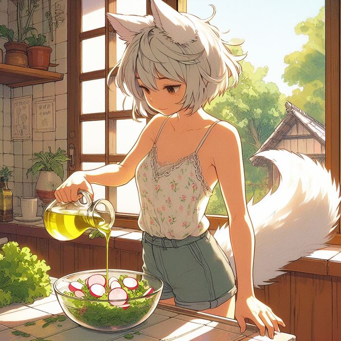 Первый урожай лета Арты нейросетей, Нейронные сети, Арт, Девушки, Anime Art, Аниме, Original Character, Кицунэ, Animal Ears, Хвост, Рыжие, Огород, Редиска, Салат, Лето, Ginger & White, Длиннопост