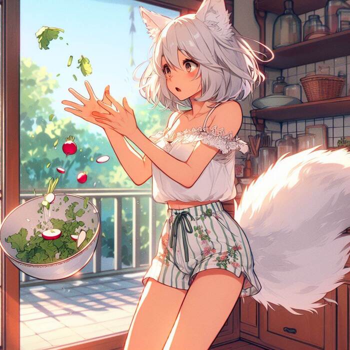 Первый урожай лета Арты нейросетей, Нейронные сети, Арт, Девушки, Anime Art, Аниме, Original Character, Кицунэ, Animal Ears, Хвост, Рыжие, Огород, Редиска, Салат, Лето, Ginger & White, Длиннопост