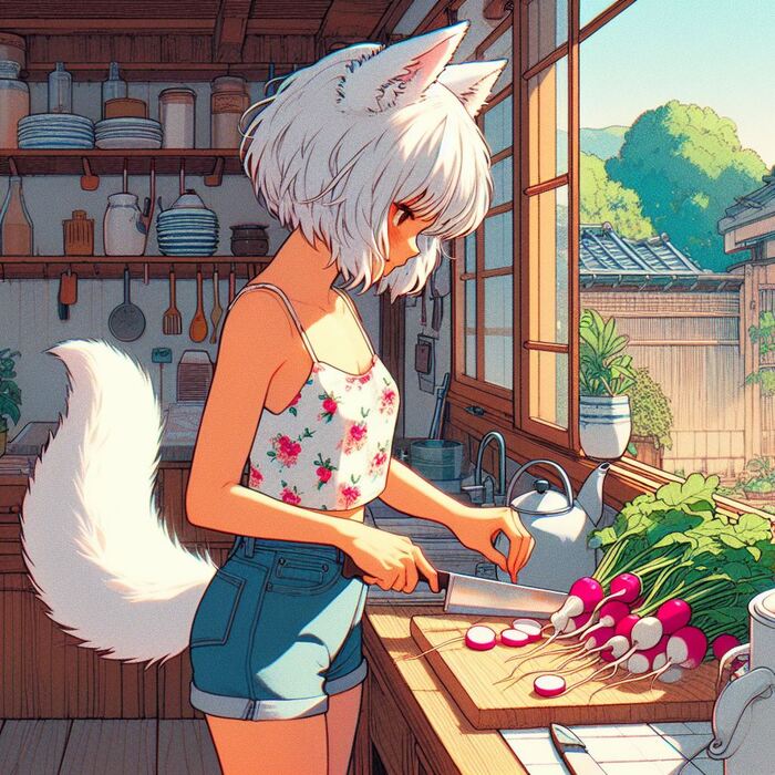 Первый урожай лета Арты нейросетей, Нейронные сети, Арт, Девушки, Anime Art, Аниме, Original Character, Кицунэ, Animal Ears, Хвост, Рыжие, Огород, Редиска, Салат, Лето, Ginger & White, Длиннопост