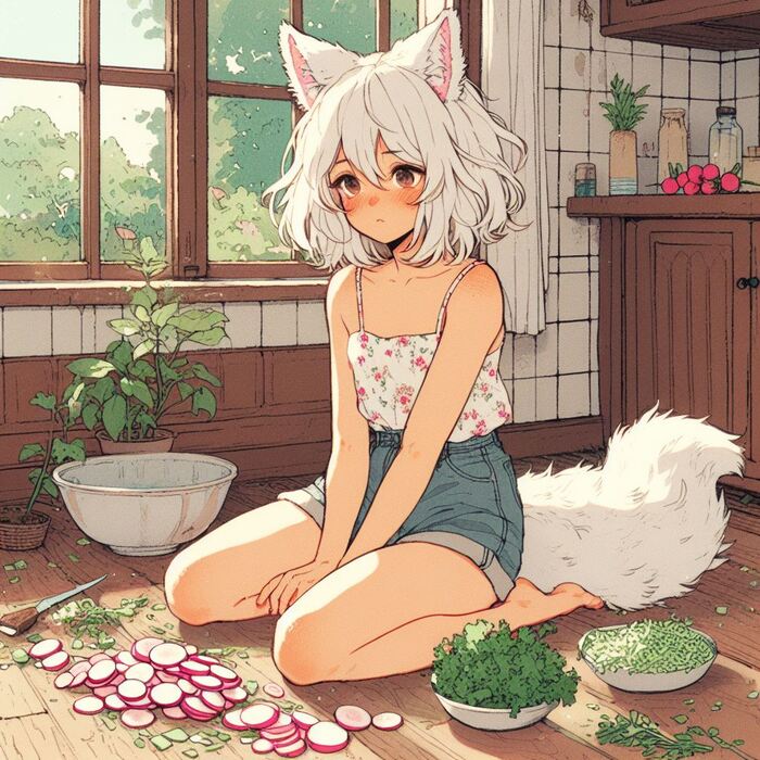 Первый урожай лета Арты нейросетей, Нейронные сети, Арт, Девушки, Anime Art, Аниме, Original Character, Кицунэ, Animal Ears, Хвост, Рыжие, Огород, Редиска, Салат, Лето, Ginger & White, Длиннопост