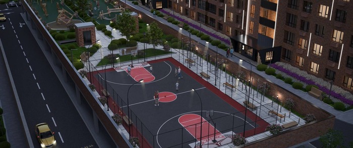 Спортивная и детская площадки на стилобате. Территория находится на втором этаже, подъем на лифте или по лестнице, первый этаж - крытая парковка.