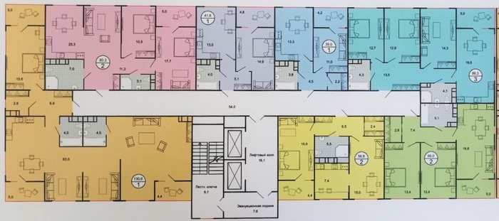 Лит.1-3 поэтажный план 2-19 этажей. Смежные секции выполнены в зеркальном виде.