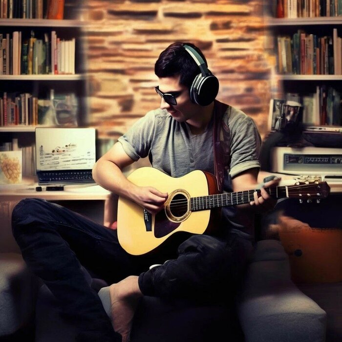 Чувак пробует играть на гитаре, но у него тем временем серьёзные проблемы с ногой