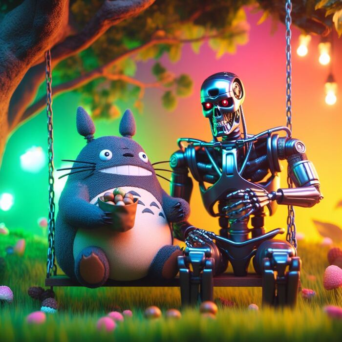 Попросил нейросеть нарисовать битву Тоторо и Терминатора...