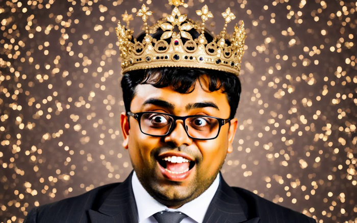 Эмад Мостак в образе короля ИИ с короной на голове