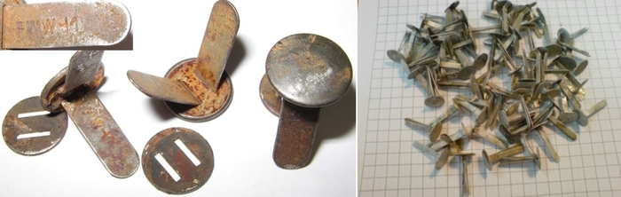 Крепежные элементы (кламмеры) для фиксации подшлемника в каске (слева) и фиксации кожаной части подшлемника (справа)