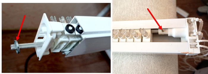 Слева - стопорная шайба, справа - винт во втулке управлящего механизма