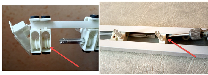 Слева - ползуны извлечены из карниза, можно крутить пальцем; справа - подходящая отвёртка позволяет не вытаскивать ползуны полностью.