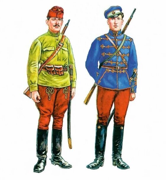 Слева: рядовой Отдельного интернационального кавполка.Значительную часть полка составляли венгры, носившие элементы австрийской военной униформы (австрийские пилотки и гусарские рейтузы) 1919-1920 г.г. Справа: рядовой Заволжского революционного гусарского