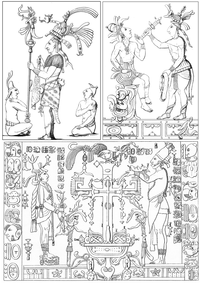 Первые иллюстрации рельефов из Паленке, сделанные Ricardo Almendáriz / Antonio Del Rio "Description of the Ruins of an Ancient City..." , 1822