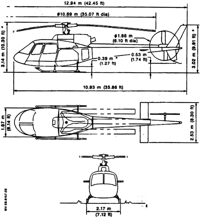 AS 350 B3: трехмерное изображение с размерами.