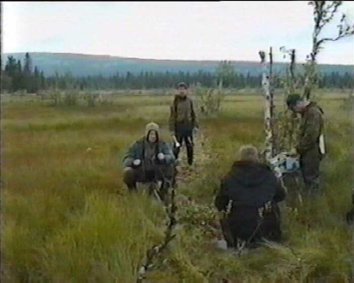 Занимаемся электроразведкой на Акчимском болоте. Я работаю на приборе стоя, чтобы не уйти в болото - стульчик очень хорошо мох прорезает.