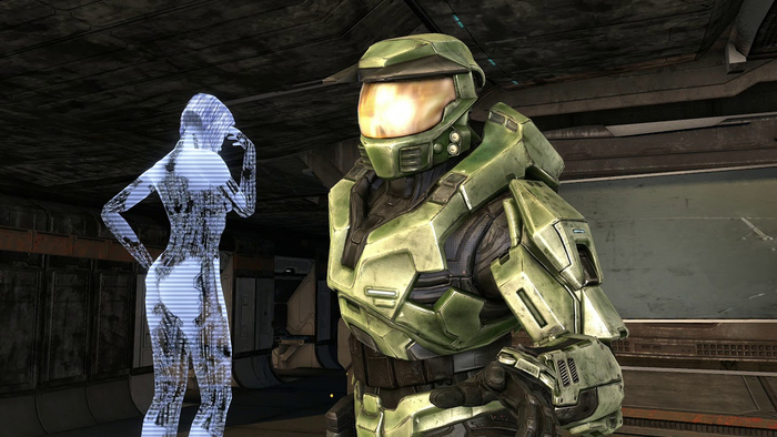 Кортана и Мастер Чиф. Внешний вид Кортаны менялся от игры к игре, каноничным сейчас можно считать те модели, что использованы в ремастерах