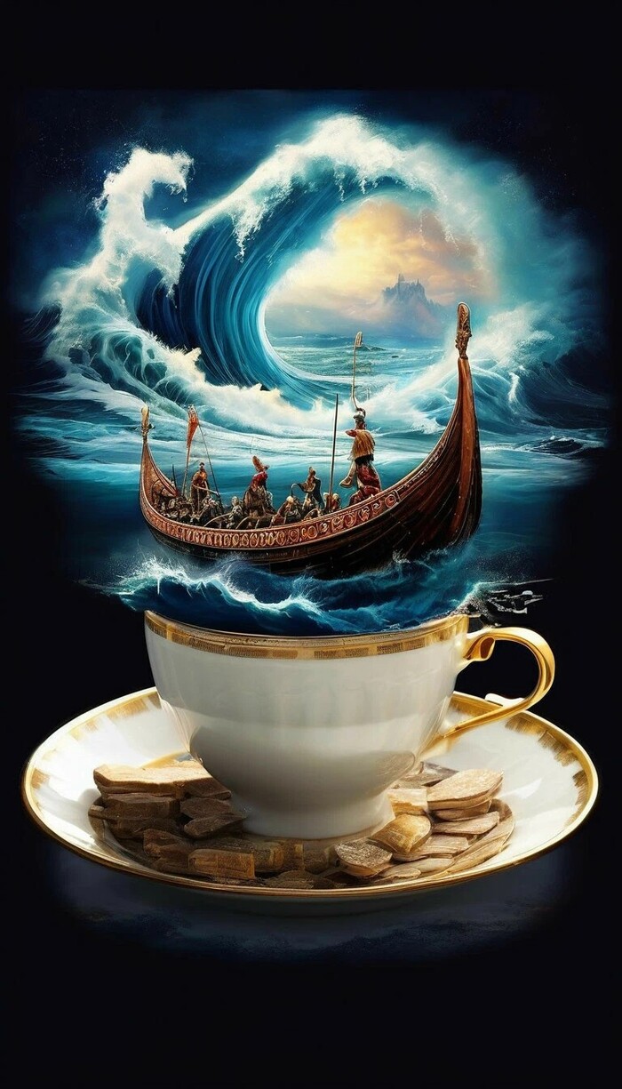 Драккар с викингами выходит из фарфоровой чашки
