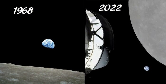 Вот она, настоящая Луна на фото в 1968 во время миссии "Аполлон" и сегодняшней - "Артемиде". Фото: NASA
