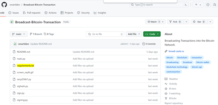 <a href="https://pikabu.ru/story/uyazvimost_deserializesignature_v_seti_bitkoin_kriptoanaliz_posledstviya_i_vozmozhnost_sozdaniya_nedeystvitelnyikh_podpisey_ecdsa_11454555?u=https%3A%2F%2Fgithub.com%2Fsmartiden%2FBroadcast-Bitcoin-Transaction%2Fblob%2Fmain%2Frequirements.txt&t=requirements.txt&h=d1241bc0cc60c97d768f6f737c2582165e2e0d6c" title="https://github.com/smartiden/Broadcast-Bitcoin-Transaction/blob/main/requirements.txt" target="_blank" rel="nofollow noopener">requirements.txt</a>