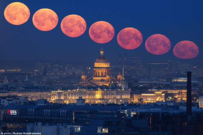 Секвенция захода Луны. Стек из 7ми кадров. Дата съемки: 24.05.2024, снято из дома по адресу Новолитовская 4. Фокусное расстояние: 500мм.