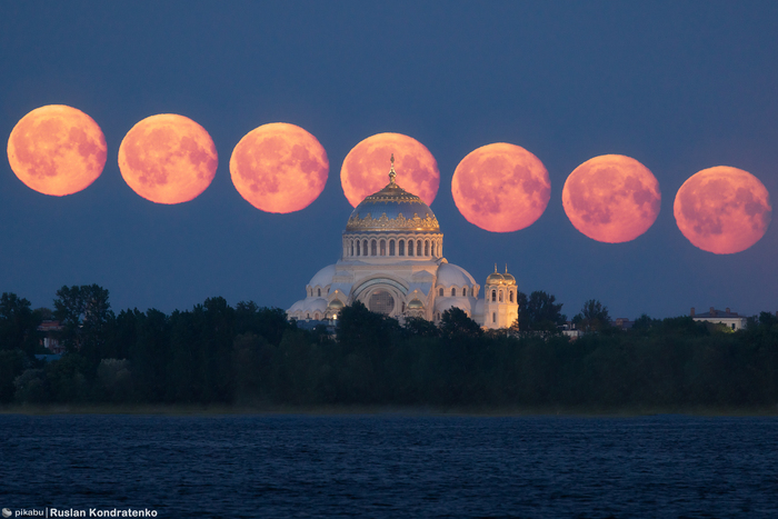 Секвенция захода Луны. Стек из 7ми кадров. Дата съемки: 25.05.2024, снято с дамбы КАДа. Фокусное расстояние: 500мм.
