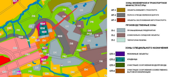 Градостроительное зонирование. Красной стрелочкой отмечен земельный участок.