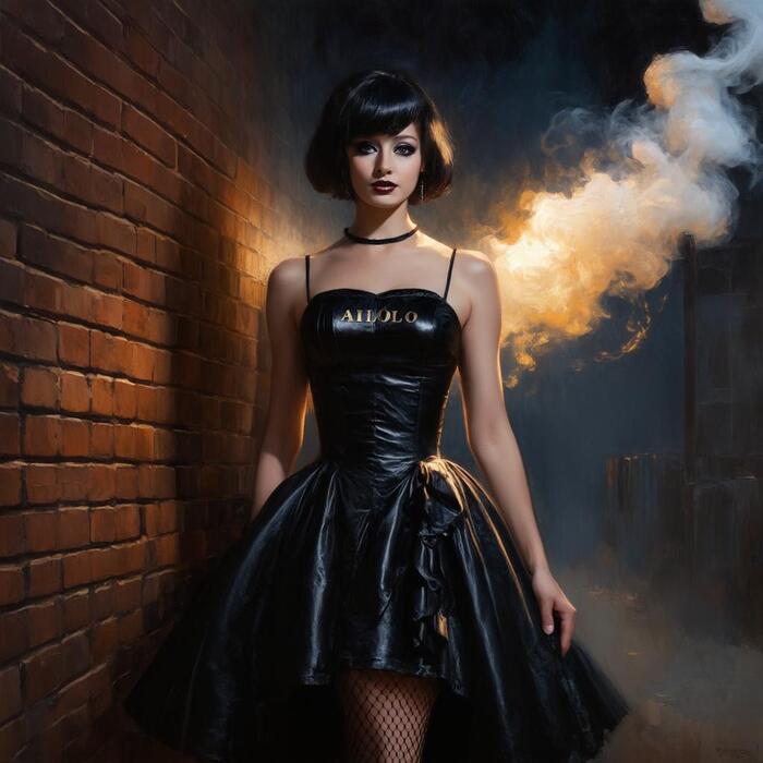 SD3, общий промт для всех - girl at night against a brick wall, modern hairstyle, heavy makeup, letter on dress "AILOLO", victorian dress, provocative look, short hair, fishnet stockings