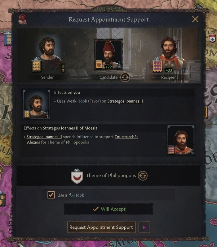 Возможно, также стоит попросить других персонажей, связанных с политикой, в державе поддержать ваших выбранных кандидатов.