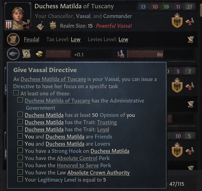 Список требований для выдачи указания феодальному вассалу (достаточно одного из списка).