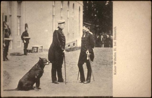 Бисмарк с Тирасом и императором Вильгельмом II во Фридрихсру (1888 год).