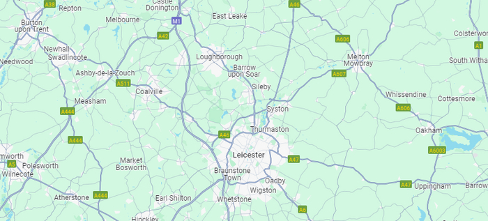 Кусочек карты, где видны Лестер и Лафборо (в английской транскрипции букв в их названиях гораздо больше)