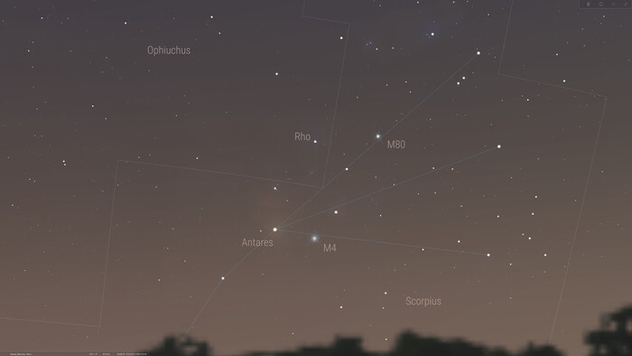 Ро Змееносца (Rho) на скриншоте программы Stellarium