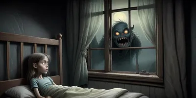 A monster outside looking through the window to a child sleeping in the bed. Horror fairy tale art. Hand-Drawn art by John Kenn Mortensen.