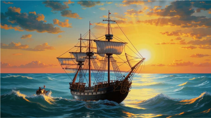 Пример генерации от Kandinsky по запросу "Старинный фрегат, плывущий по голубому морю на фоне восходящего солнца. Вид спереди." Стиль - Картина маслом.