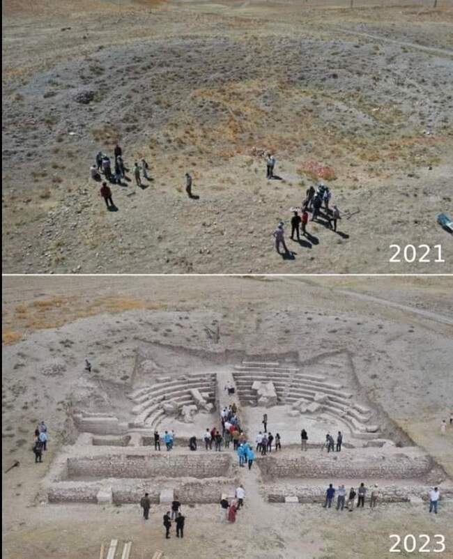 Античный театр до и после раскопок в городе Саватра, ныне Турция