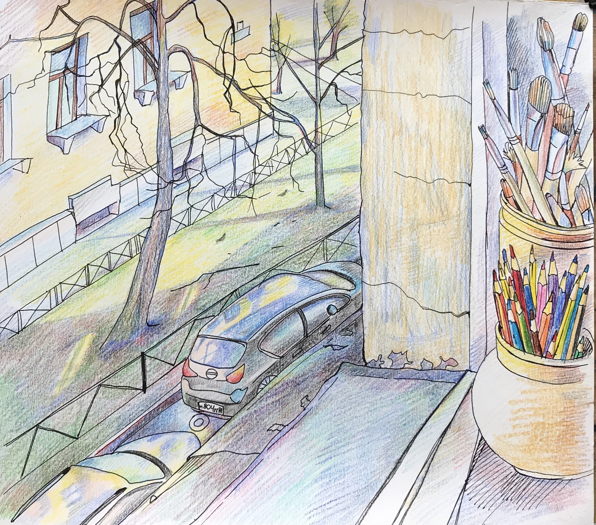 Рисунок из окна дома карандашом
