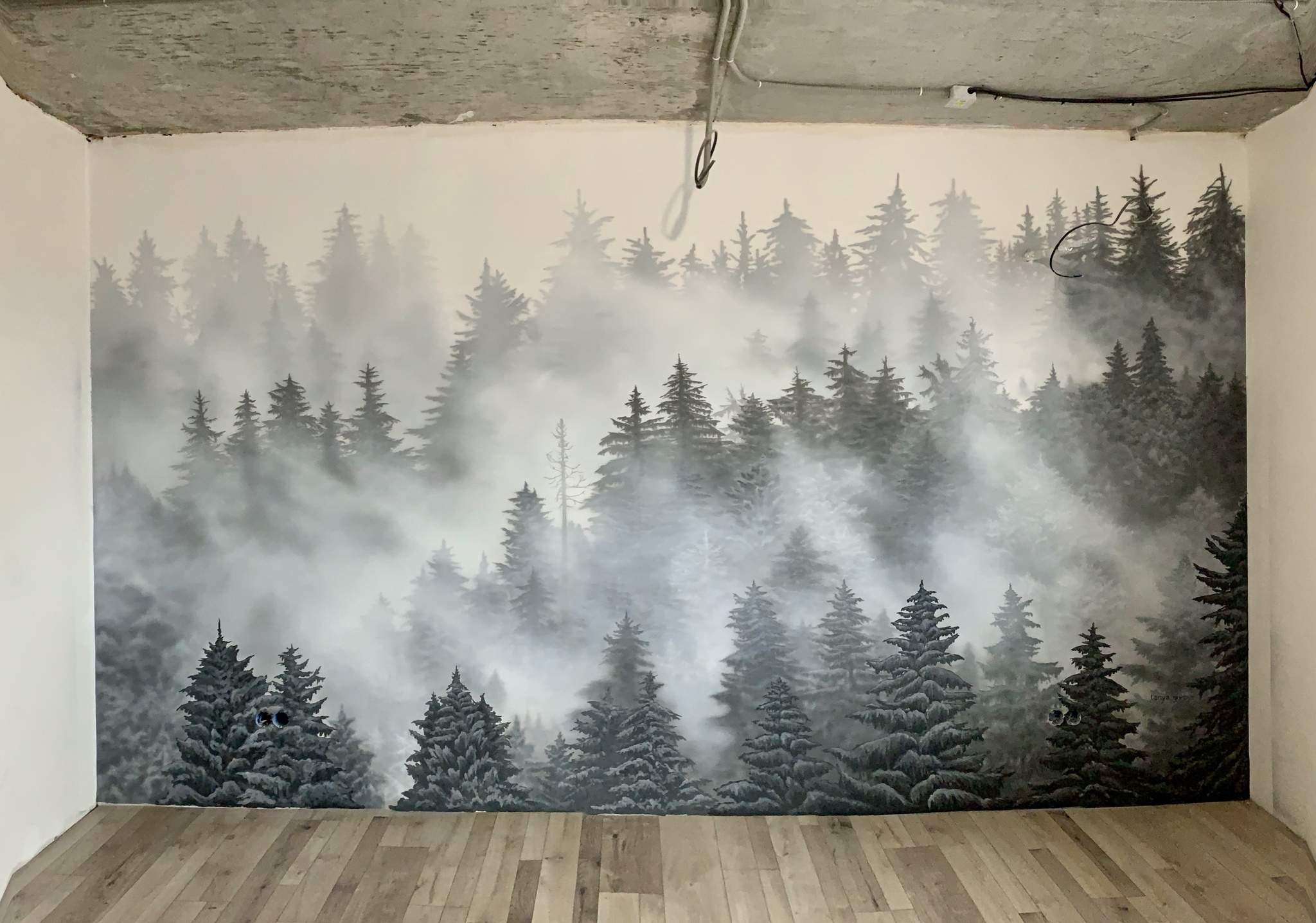 Хвойная стена. Фреска лес в тумане Аффреско. Роспись стен лес. Лес на стене в интерьере. Роспись стен лес в тумане.