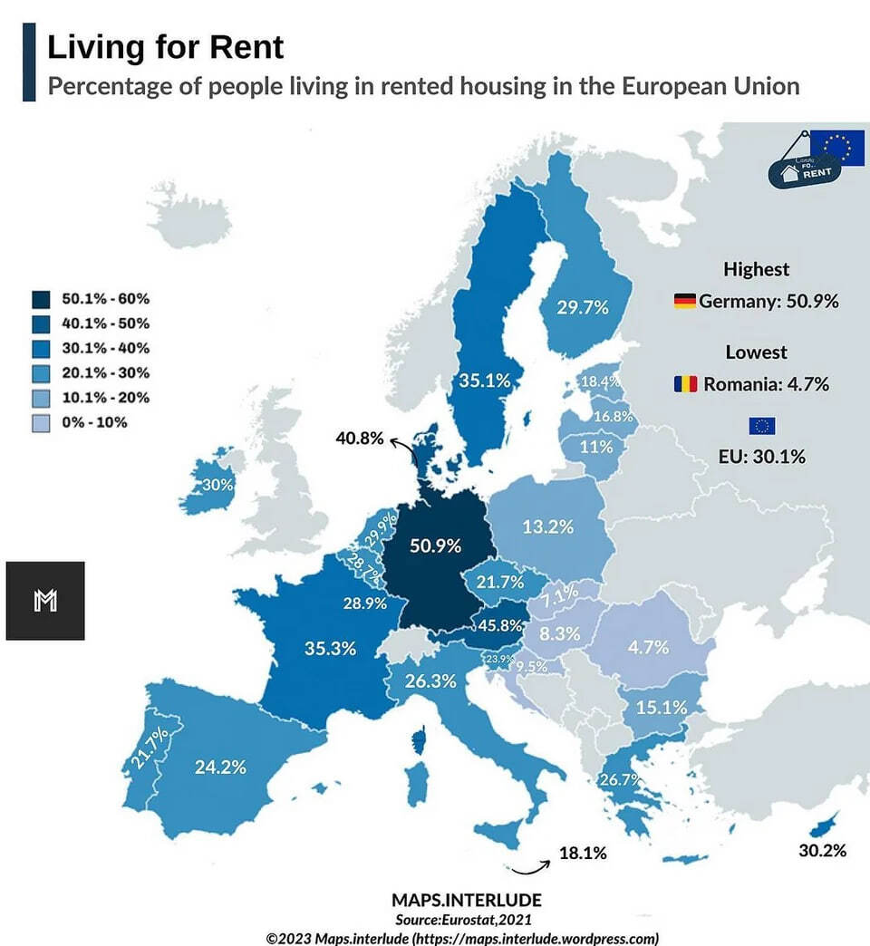 Процент жителей ЕС, живущих в арендованном жилье. Половина немцев живет не в  своем доме | Пикабу