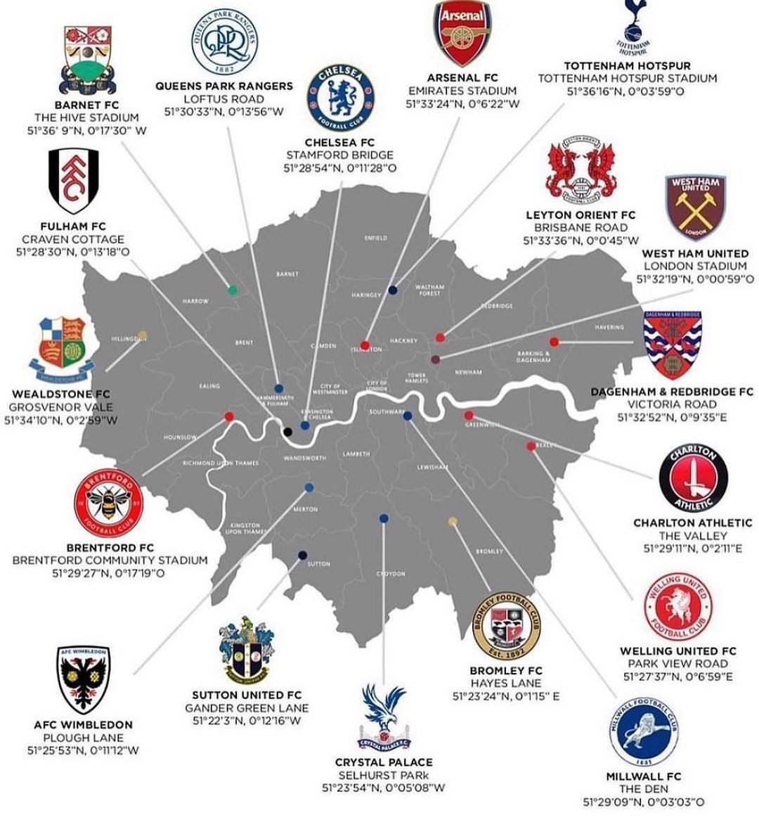 Место расположения футбольных клубов Лондона на карте города | Пикабу